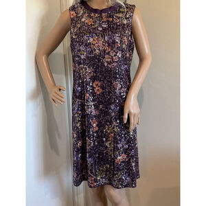 Women's Kensie Purple Floral Sequin Lined Mini/knee length Dress Size 8 tie neck